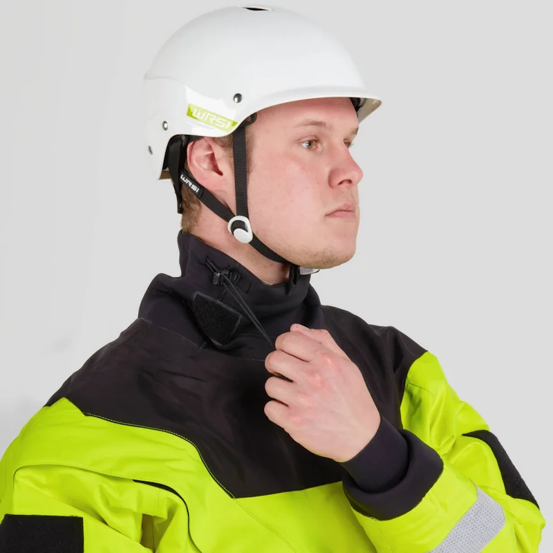 Closeup of a man wearing the NRS Ascent SAR Dry Suit in safety yellow, focusing on the latex neck gasket and padded shoulder area for comfort and waterproof sealing.