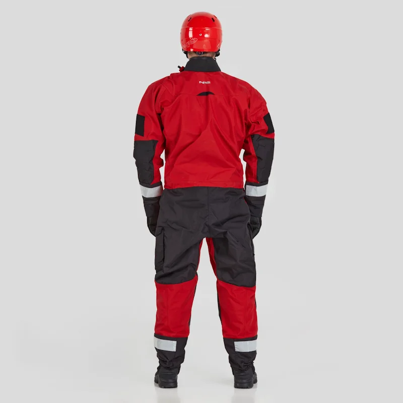 Back view of a man wearing the NRS Extreme SAR GTX Dry Suit in red, showing reinforced back panels, sealed seams, and reflective details.