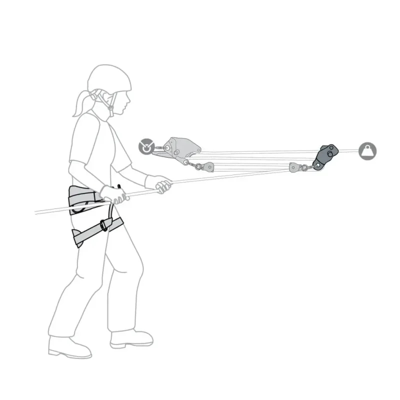 Diagram of a rescuer using the silver CMC™ CAPTO™ Multifunctional Rope Grab with rope fed twice and carabiner attached, demonstrating secure rope access and fall protection during technical rescue.