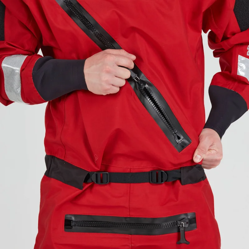 Closeup of a man wearing the NRS Ascent SAR Dry Suit in red, adjusting the heavy-duty front zipper on the chest area.