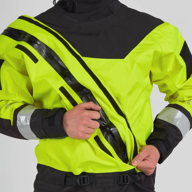 Closeup of a man wearing the NRS Ascent SAR Dry Suit in safety yellow, adjusting the heavy-duty front zipper on the chest area.