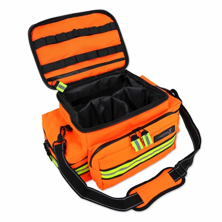 Lightning X LXMB25 orange variant medium-sized first responder EMT bag with top open, showing organized, quick-access medical supply storage.