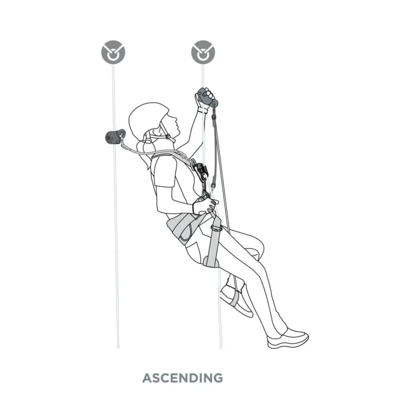 Diagram showing a person ascending a vertical rope using the silver CMC™ CAPTO™ Multifunctional Rope Grab, with the device securely attached to the rope and connected to the harness via carabiner, highlighting safe and controlled rope ascent.