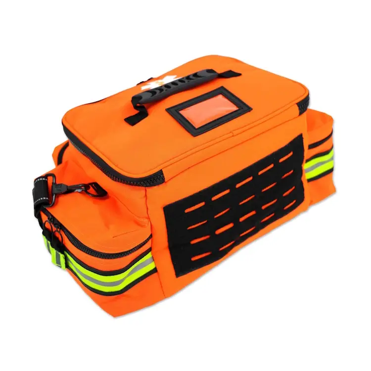 Lightning X LXMB25 orange variant medium-sized first responder EMT bag back view, showing padded straps and durable construction for emergency use.