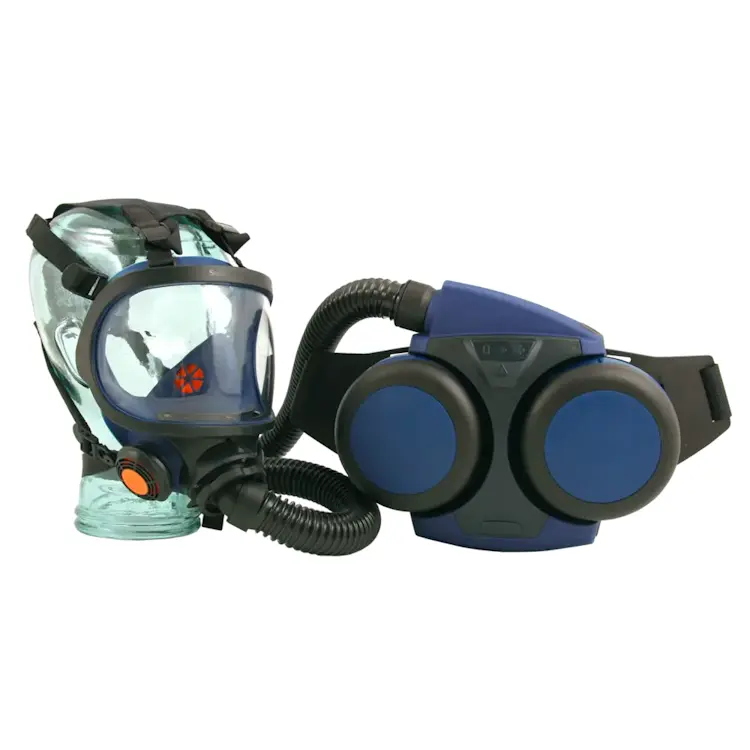 Sundström® SR 500/SR 200 powered air-purifying respirator system, combining a battery-powered fan unit with a full-face mask for high-performance respiratory protection in hazardous industrial environments.