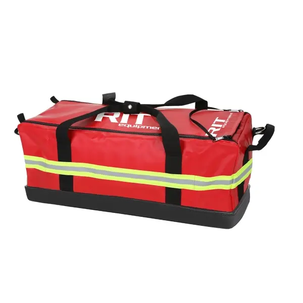 R&B Fabrications 887RD RIT Bag with a high-visibility red design and durable construction, featuring multiple compartments and reinforced straps for organized storage and rapid deployment of firefighter rescue (RIT) equipment.