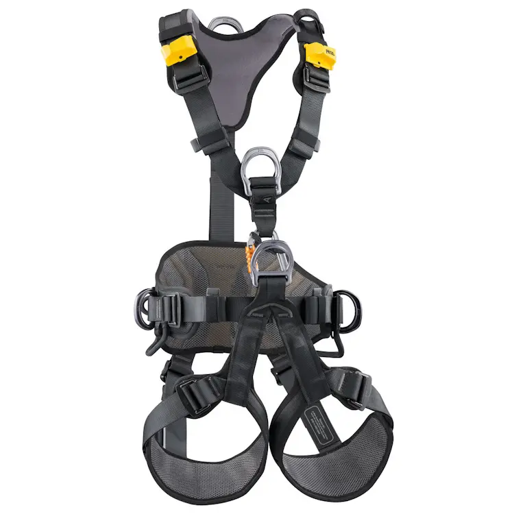 Petzl® AVAO® BOD Harness International Version shown back view, highlighting the reinforced dorsal attachment point and breathable padding for secure and comfortable wear during rope access and fall protection.