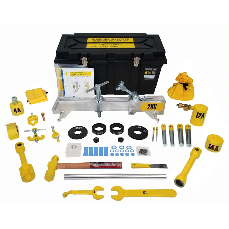 Complete Chlorine Institute Cylinder Emergency Kit-B displayed with all included tools and protective equipment, designed for effective emergency response to chlorine cylinder leaks and spills.
