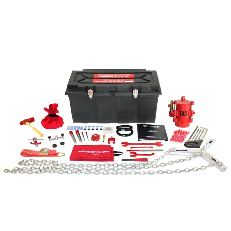 Complete Chlorine Institute Cylinder Emergency Kit-A displayed with all essential tools and protective equipment, specifically designed for safe and efficient response to chlorine cylinder emergencies.