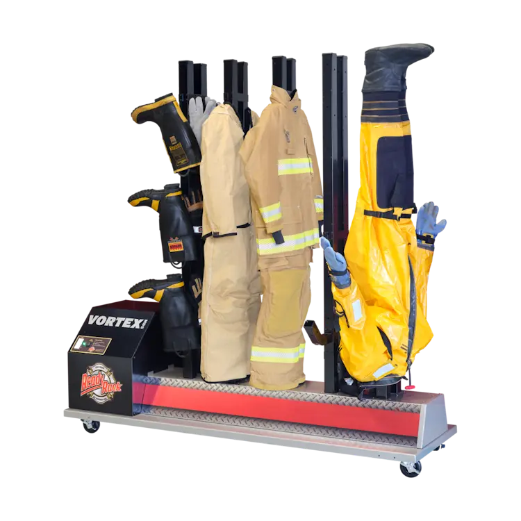 Ready Rack™ Vortex MD5 Mobile Dryer – 5-Position with firefighting gear loaded, demonstrating its capacity to dry multiple coats, boots, and gloves simultaneously using powerful airflow and mobile convenience.