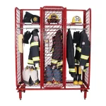Ready Rack™ Freestanding Red Rack fully stocked with fire gear such as turnout gear, boots, helmets, and SCBA units, designed for organized, accessible storage in fire stations.