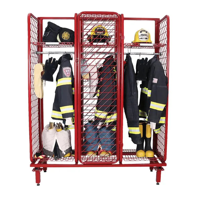 Ready Rack™ Freestanding Red Rack fully stocked with fire gear such as turnout gear, boots, helmets, and SCBA units, designed for organized, accessible storage in fire stations.