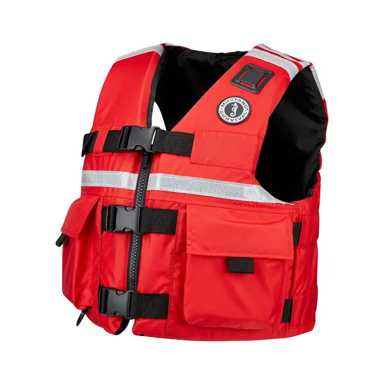 Mustang Survival® SAR Vest with SOLAS Reflective Tape designed for search and rescue operations, featuring high-visibility reflective elements, multiple pockets, and a secure, adjustable fit for professional use.