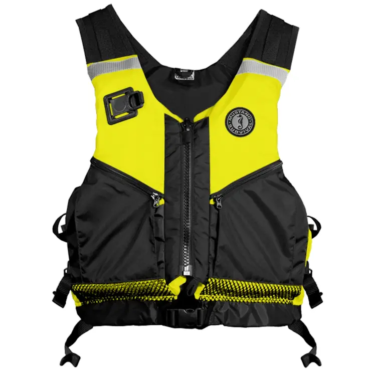 Mustang Survival® Operations Support Water Rescue Vest designed for emergency personnel, featuring a compact, low-profile design with adjustable straps and high-visibility details for effective water rescue support.