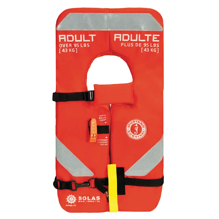 Mustang Survival® SOLAS Type 1 Adult Life Jacket designed for open water emergencies, featuring high buoyancy, bright high-visibility material, SOLAS-approved reflective tape, and a secure fit for maximum safety.