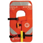 Mustang Survival® SOLAS Type 1 Child Life Jacket designed for child safety in open water emergencies, featuring high buoyancy, bright high-visibility colors, SOLAS-approved reflective tape, and adjustable straps for a secure fit.