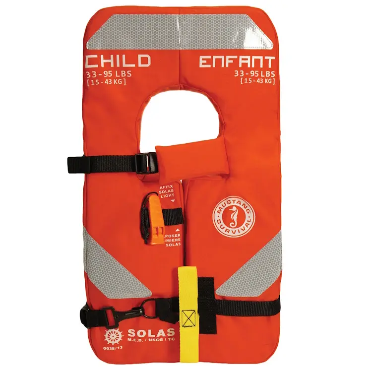 Mustang Survival® SOLAS Type 1 Child Life Jacket designed for child safety in open water emergencies, featuring high buoyancy, bright high-visibility colors, SOLAS-approved reflective tape, and adjustable straps for a secure fit.