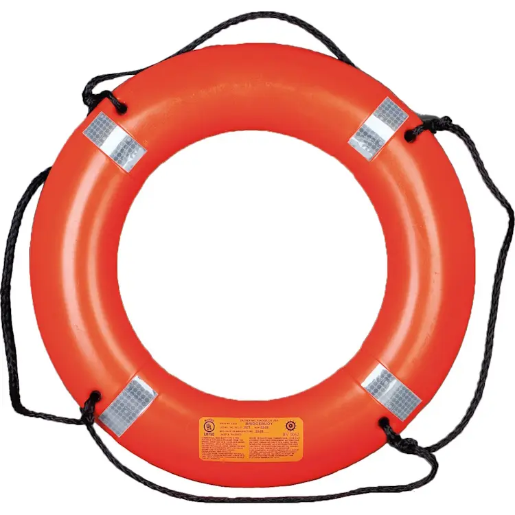 Mustang Survival® 30-inch Ring Buoy featuring high-visibility orange color and SOLAS-approved reflective tape for enhanced visibility during water rescue operations.