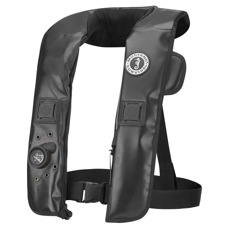 Mustang Survival® Heavy Duty Law Enforcement Hit Inflatable PFD designed for rigorous tactical water operations, featuring reinforced materials, adjustable harness, and automatic hydrostatic inflation for enhanced safety and durability.