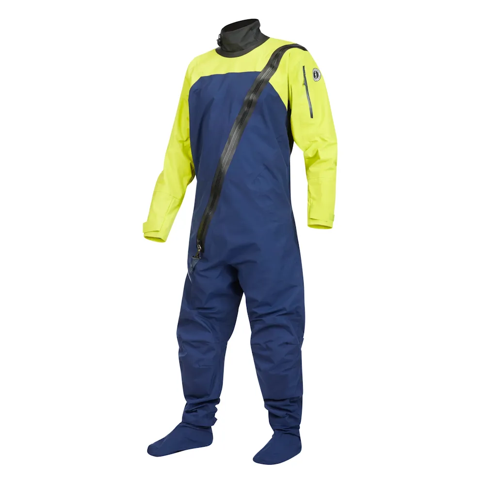Mustang Survival® Men’s Hudson CCS Dry Suit in Mahi Yellow, featuring high-visibility waterproof fabric, durable construction, and an ergonomic design optimized for marine safety and mobility.