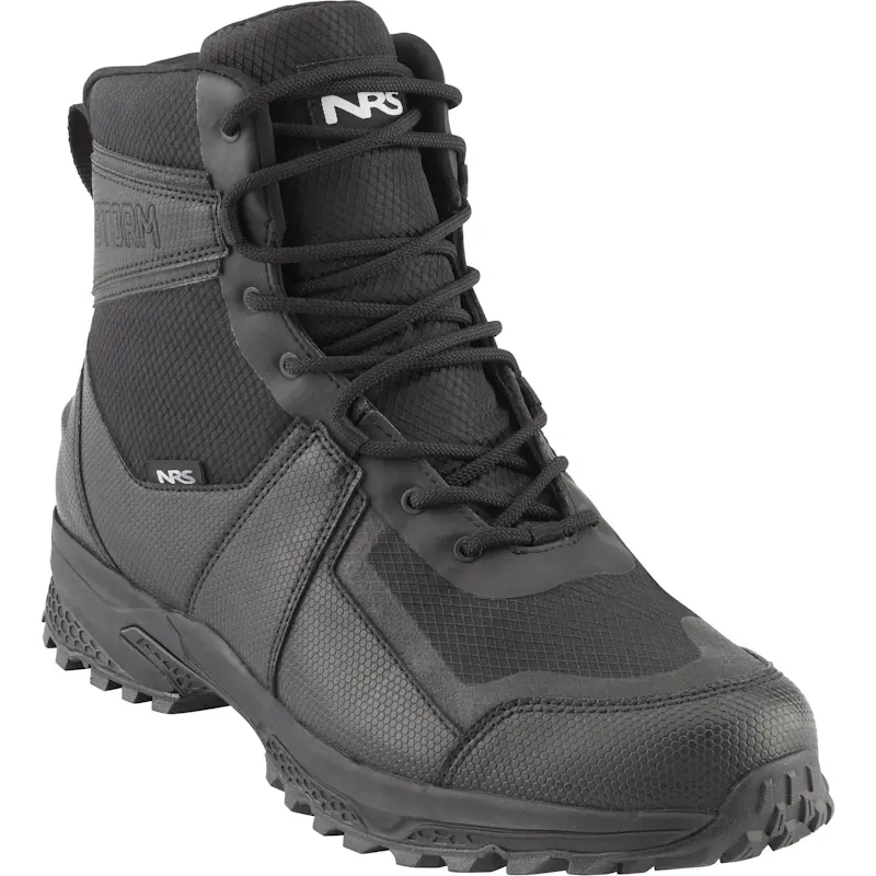 Single right-footed NRS Storm Boot, rugged waterproof boot featuring insulated liner, reinforced sole for traction, and durable construction designed for cold and wet outdoor conditions.