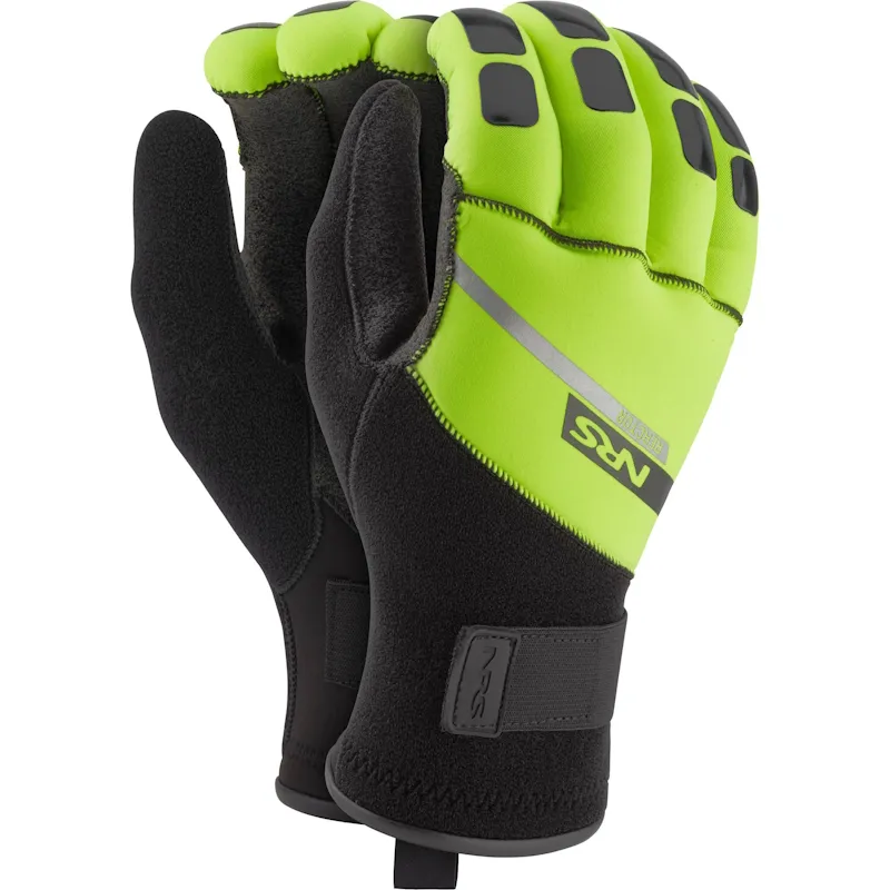NRS Reactor Rescue Gloves, heavy-duty water rescue gloves designed with reinforced Kevlar® palms and fingers, durable neoprene construction, and secure wrist closure for maximum protection and grip in high-intensity environments.