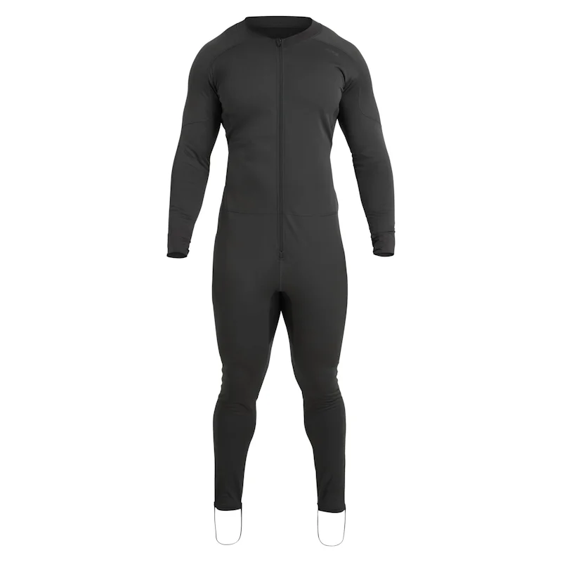 NRS Men’s Expedition Weight Union Suit, a full-body thermal base layer designed for cold-weather paddling, featuring stretchy, moisture-wicking fleece, a form-fitting design, and a convenient dropseat zipper for easy layering and warmth.