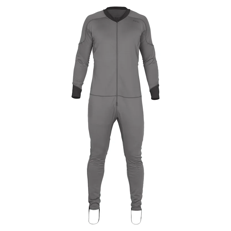 NRS Men’s Lightweight Union Suit, a breathable one-piece base layer designed for cool-weather paddling, featuring moisture-wicking fabric, four-way stretch, and a full-length zipper with dropseat for easy wear and comfort.