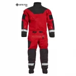 Front view of the NRS Ascent SAR Dry Suit in red, showing durable waterproof fabric, latex neck gasket, and heavy-duty front zipper.