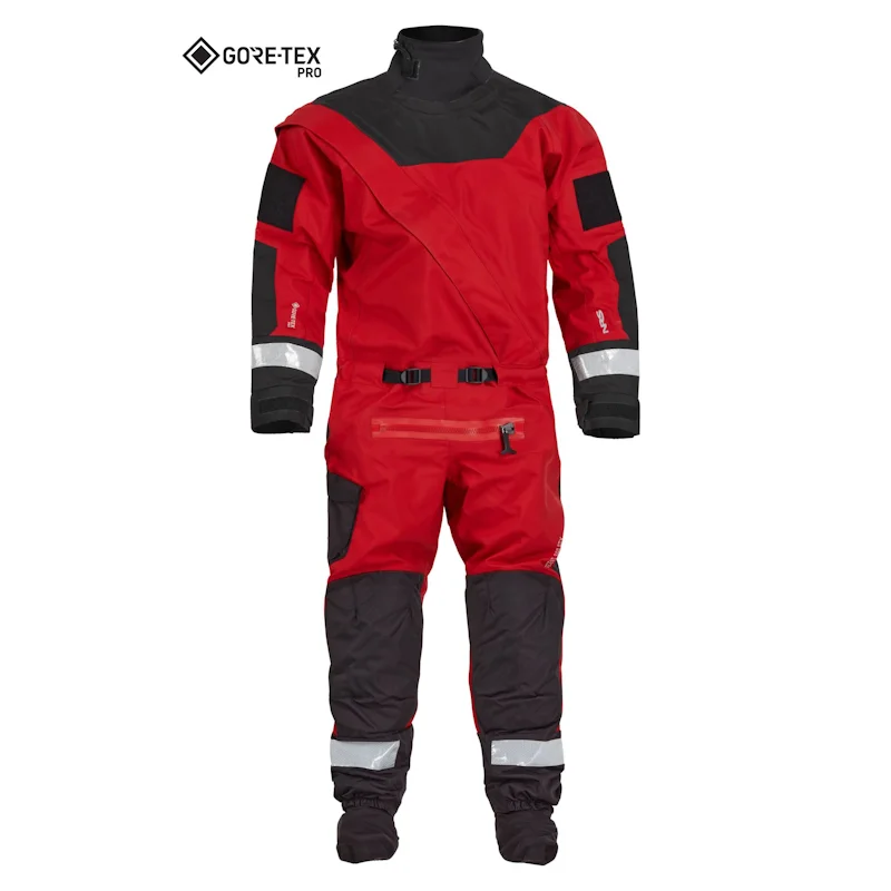 Front view of the NRS Ascent SAR Dry Suit in red, showing durable waterproof fabric, latex neck gasket, and heavy-duty front zipper.