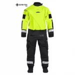 Front view of the NRS Extreme SAR GTX Dry Suit in safety yellow, showcasing breathable Gore-Tex® fabric, reinforced panels, latex neck gasket, and heavy-duty front zipper.