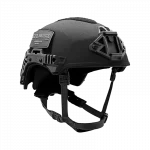 Front-right side view of the Team Wendy® EXFIL® Ballistic Helmet in black, showcasing its sleek ballistic shell, accessory rails, and NVG shroud for tactical versatility.