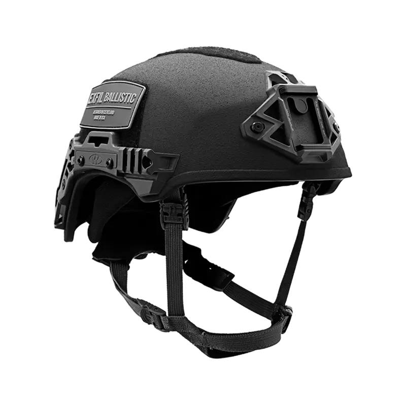 Front-right side view of the Team Wendy® EXFIL® Ballistic Helmet in black, showcasing its sleek ballistic shell, accessory rails, and NVG shroud for tactical versatility.