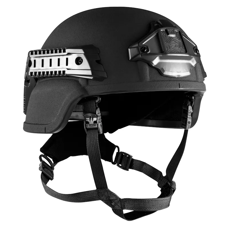 Angled front-right side view of the Team Wendy® EPIC™ Protector Ballistic Helmet in black, showcasing its sleek ballistic shell, NVG mount, and side rail system for tactical versatility.