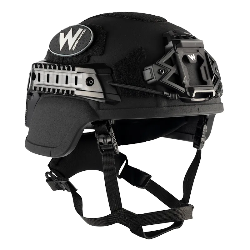 Front-right side view of the Team Wendy® EPIC™ Specialist Ballistic Helmet in black, highlighting the precision-molded shell, NVG shroud, and side rails for mission-ready customization.