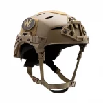 Front right side view of the Team Wendy® EXFIL® Carbon Bump Helmet in coyote brown, showing the lightweight carbon shell, NVG mount, and tactical side rails.