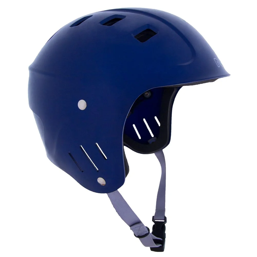 Right side view of the NRS Chaos Full Cut Helmet – Closeout in blue, showcasing full ear protection, a durable ABS shell, and ventilation for comfortable, impact-resistant whitewater safety.