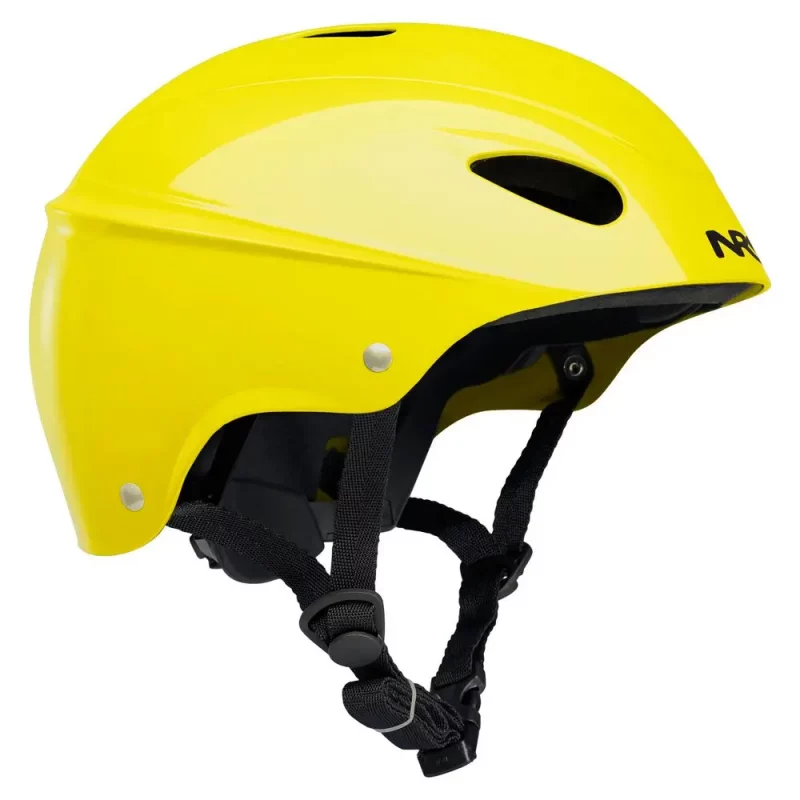 Right front side view of the NRS Havoc Livery Helmet in yellow, showcasing its vibrant design, durable ABS shell, adjustable straps, and ventilation for comfortable, impact-resistant whitewater protection.