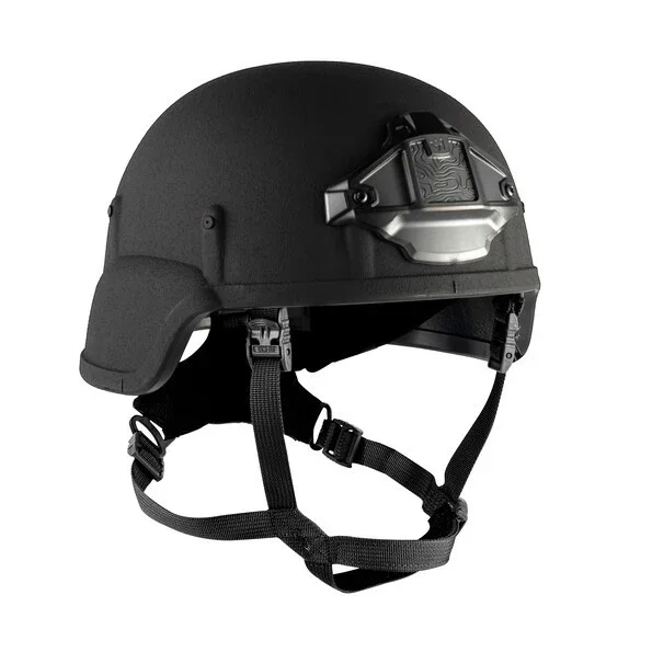 Angled front-side view of the Team Wendy® EPIC™ Responder Ballistic Helmet featuring a ballistic shell, front NVG shroud mount, and adjustable retention straps for tactical and first responder operations.