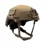 Angled front-side view of the Team Wendy® EXFIL® Ballistic SL Helmet in Coyote Brown featuring a lightweight ballistic shell, integrated accessory rails, and NVG mounting system for tactical operations.