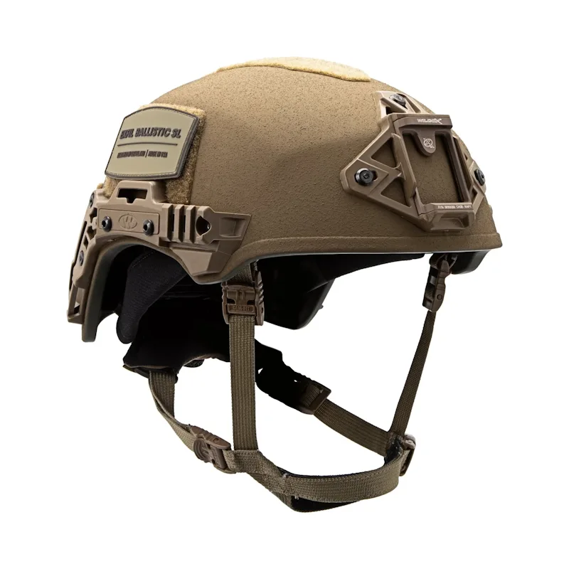 Angled front-side view of the Team Wendy® EXFIL® Ballistic SL Helmet in Coyote Brown featuring a lightweight ballistic shell, integrated accessory rails, and NVG mounting system for tactical operations.