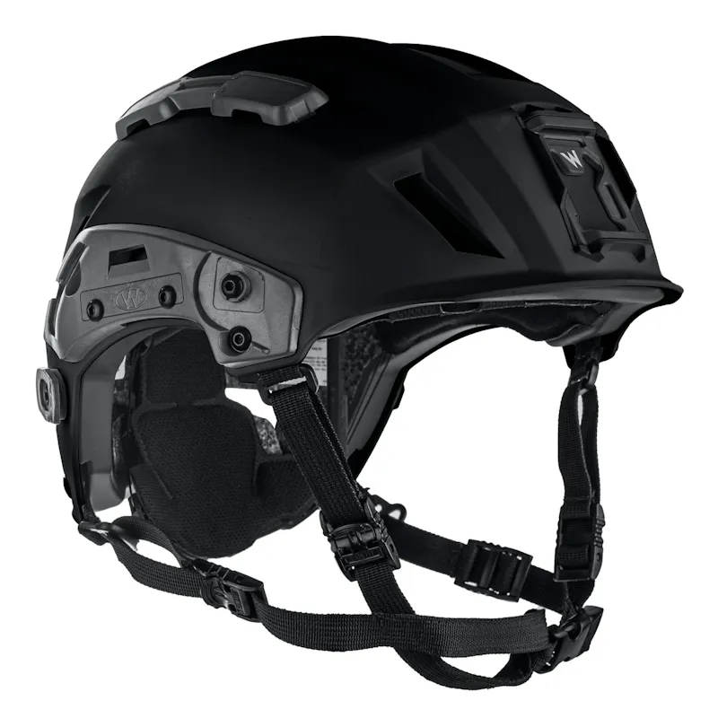 Front right side view of the Team Wendy SAR Tactical Helmet in black showing its design, adjustable straps, and tactical features.