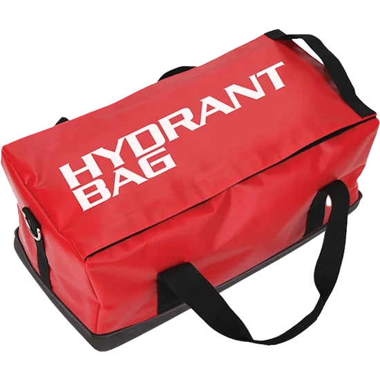 R&B Fabrications 442RD Hydrant Bag with a bright red, heavy-duty design featuring reinforced handles and organized compartments, built for quick access and transport of hydrant tools during firefighting operations.