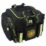 Lightning X LXFB20 black padded turnout gear bag with hi-vis yellow trim, reflective pockets, and embroidered Fire Dept. Maltese cross.