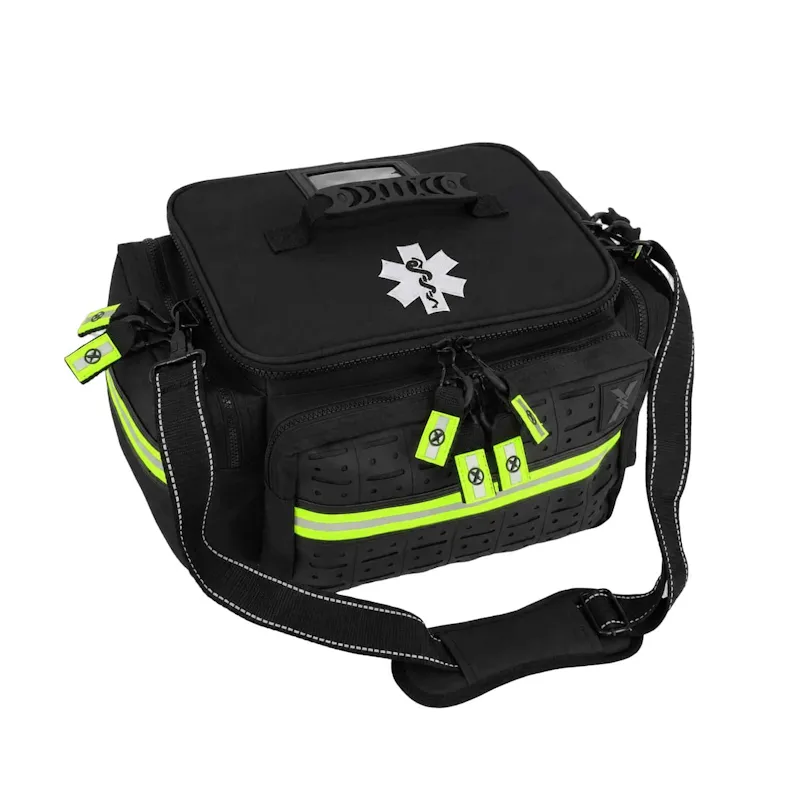 Black Lightning X LXMB25 medium first responder EMT bag with Star of Life emblem, hi-vis reflective stripe, laser-cut front panel, and padded shoulder strap.