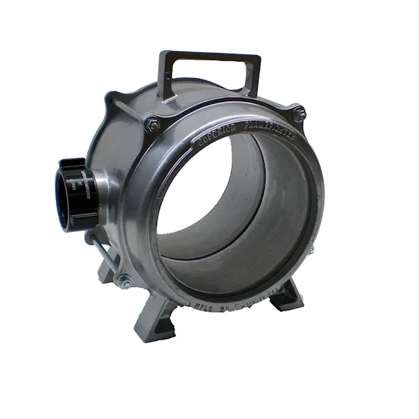 Flamefighter 39800 hose washer, shown from a front angle view with polished aluminum ring body, top carry handle, side hose connection fitting, and bottom mounting feet.