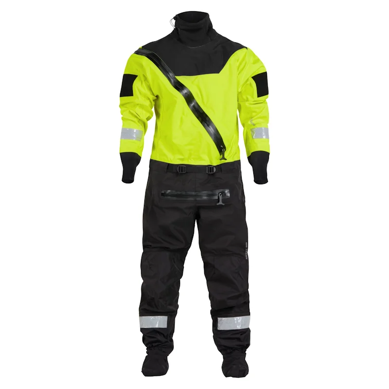 NRS Ascent SAR Dry Suit in safety yellow and black with diagonal chest zipper and reflective strips for water rescue.