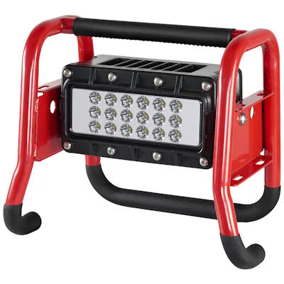 Streamlight® Portable Scene Light II in red with a black multi-LED panel mounted in a sturdy tubular roll-cage frame, featuring a padded top carry handle and rubber-tipped feet for stable placement.