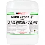 National Foam MUNI® F3 Green Foam Concentrate container, a fluorine-free Class B firefighting foam designed for rapid suppression of hydrocarbon fuel fires by municipal fire departments.