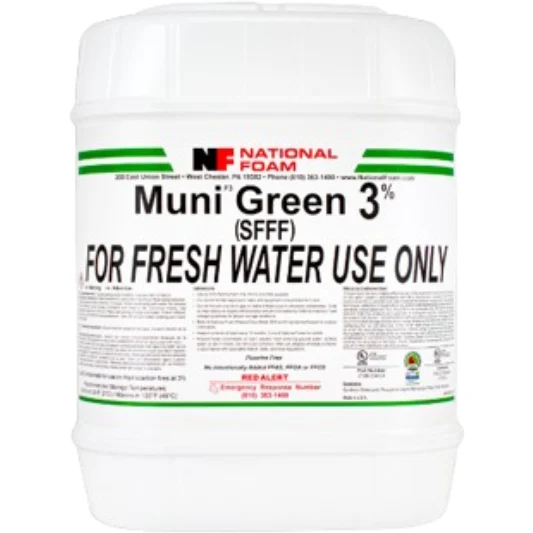 National Foam MUNI® F3 Green Foam Concentrate container, a fluorine-free Class B firefighting foam designed for rapid suppression of hydrocarbon fuel fires by municipal fire departments.